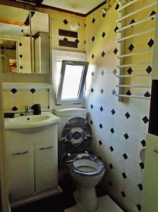 La petite salle de bains est pourvue de toilettes et d'un lavabo. dans l'établissement Tiny Waldheim, à Billerbeck