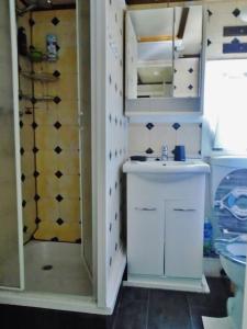 a small bathroom with a sink and a shower at Tiny Waldheim in Billerbeck