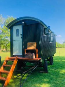 a green shipping container on a table in the grass at The Big Green Shepherds Hut in Charlwood