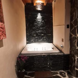 a bath tub in a room with a black brick wall at No 3 Loft Jacuzzi Mazamitla in Mazamitla