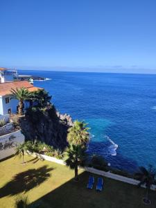 VISTA AL MAR في إيكود ذي لوس فينوس: منظر جوي للمحيط مع أشجار النخيل والمنزل