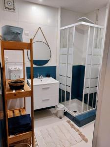 baño pequeño con ducha y lavamanos en Appartement - Narbonne, en Narbona
