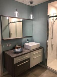 a bathroom with a sink and a mirror at Condo 101 centre-ville de Rimouski près du fleuve in Rimouski