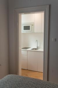 uma cozinha com um lavatório e um micro-ondas em Stross Apartments em Zagreb