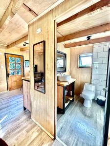 a bathroom with a toilet and a sink at Molco Cabins Palafito in Pucón