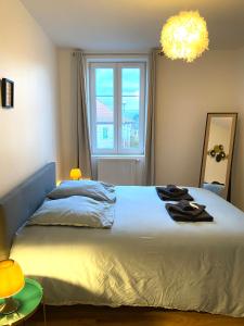 1 dormitorio con 1 cama grande y ventana en Duplex moderne à 10 minutes de Colmar, en Wintzenheim