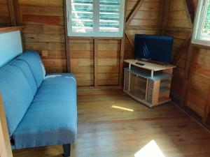 sala de estar con sofá azul y TV en Gite de Paulo la source, en Pointe-Noire