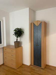 ein Zimmer mit einem Schrank und einer Pflanze auf einer Kommode in der Unterkunft modern and comfortable apartment next to vienna mainstation in Wien