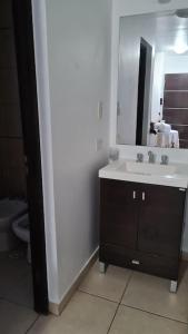 bagno con lavandino e specchio di Altos del Rey Apartamentos a San Salvador de Jujuy