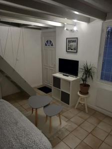 a living room with a bed and a television at Cocooning in Samois-sur-Seine