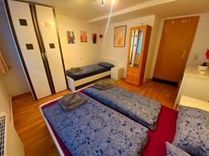 a small room with two beds and a mirror at Ferienhaus Greiz in Greiz