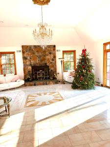 sala de estar con chimenea y árbol de Navidad en Villa Verde B&B, bsm, Greenwood Lake, NY en Monroe