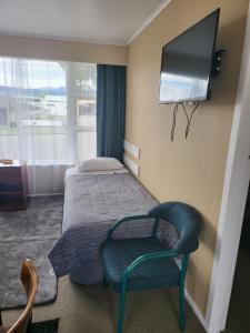 1 dormitorio con 1 cama, TV y silla en Totara Lodge Motel en Levin