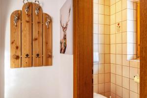 a bathroom with a shower and a toilet and a cabinet at Ferienwohnung Platzhirsch Panorama View Balkon, Gartensauna, Garten, Grillplatz in Stumm +41 photos