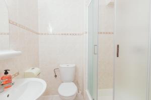 a bathroom with a toilet and a shower at Hotel Annahof in Domašov