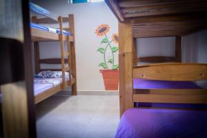 a room with two bunk beds with a flower on the wall at Massambaba Hostel in Arraial do Cabo