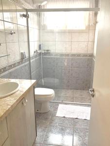a bathroom with a toilet and a sink at Aconchegante casa em Bento Gonçalves in Bento Gonçalves