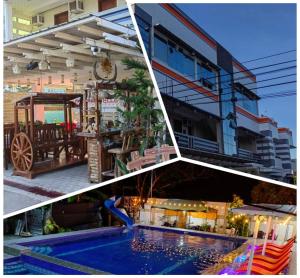 eine Collage mit Fotos von einem Gebäude und einem Pool in der Unterkunft EA Apartelle - Metro Vigan in Vigan City