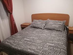 a bed with a gray comforter and two pillows at Acogedor, cómodo y central. in La Serena