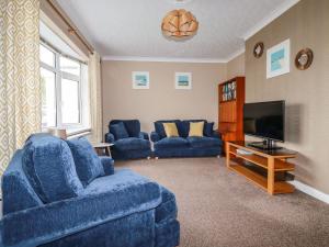 een woonkamer met twee blauwe banken en een televisie bij Garden View in Newquay