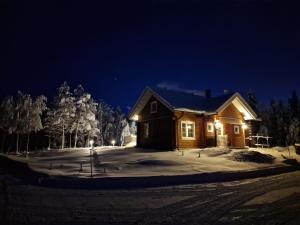 a house in the snow at night with lights at Luvelahti in Aikkila