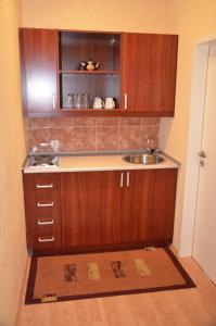 a kitchen with wooden cabinets and a sink at Hotel Albertin in Berlin