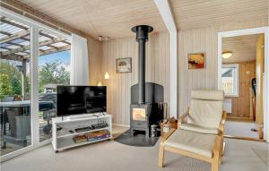 a living room with a fireplace and a chair and a tv at 4 Bedroom Nice Home In Hejls in Hejls