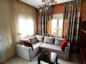 een woonkamer met een grijze bank en rode kussens bij Demi's House in Volos