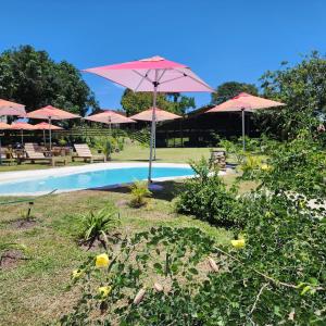 a pool with umbrellas and chairs and a swimming pool at La Hacienda in uMhlali