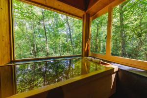 北軽井沢にあるロックフォレスト北軽井沢の森の景色を望む窓2つが備わる客室です。