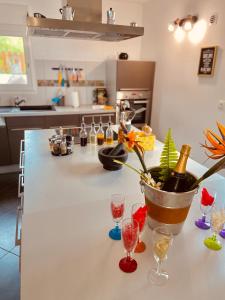 un comptoir de cuisine avec des verres à vin et une plante en pot dans l'établissement La Villa Lyla, à L'Étang-Salé