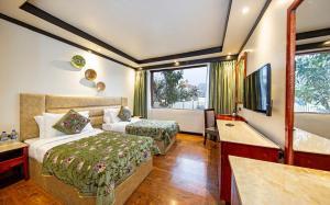 una camera d'albergo con letto e TV di Apple Orchard Resort & Spa a Srinagar