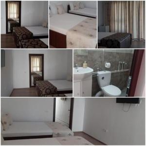 a collage of photos of a bedroom with a bed and a sink at Ionela in Costinesti +277 photos