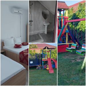 a collage of pictures of a bedroom and a play house at Ionela in Costinesti