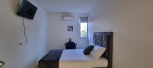 Schlafzimmer mit einem Bett und einem TV an der Wand in der Unterkunft Garden Home Hostal in Barranquilla