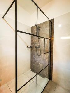 a shower stall with a glass door at Koliba Pod Skalami in Súľov-Hradná