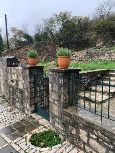 two potted plants sitting on top of a gate at Sterna in Mesovounion-Zagori