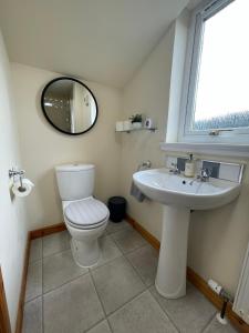 a bathroom with a toilet and a sink and a mirror at Allanvale Holiday Home in Inverness