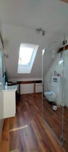 a bathroom with a shower and a sink and a skylight at Smerekowa Ostoja in Smerek