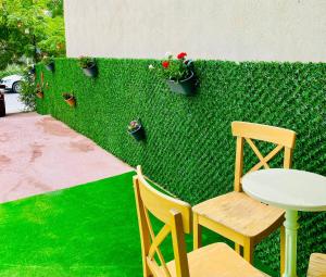 a green wall with a table and chairs and plants at Lucky Homes in Ankara