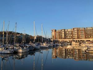 un grupo de barcos están atracados en un puerto deportivo en Sea View Penthouse Marina Apartment, en Portishead