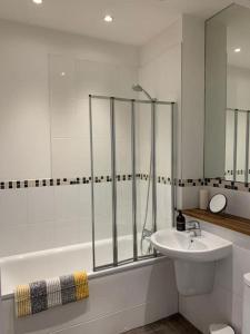 a bathroom with a shower and a sink and a tub at Sea View Penthouse Marina Apartment in Portishead