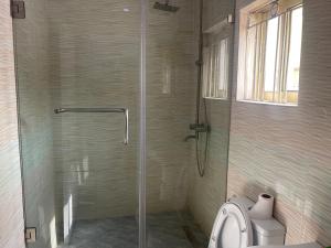 W łazience znajduje się kabina prysznicowa i toaleta. w obiekcie White Gold Hotel w mieście Ikeja