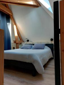 1 dormitorio con 1 cama en el ático en Gîte Saumur Le Pigeonnier, Calme et Cosy, en Épieds