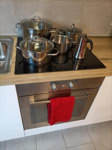 a stove with pots and pans on top of it at Appartamenti Primiero in Fiera di Primiero