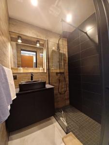 La salle de bains est pourvue d'un lavabo et d'une douche en verre. dans l'établissement CAP'NOMAD Studio Côté Mer - balcon - piscine - parking, au Cap d'Agde