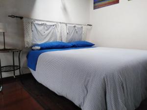 a bedroom with a large white bed with blue pillows at Dimora Giosafatti in Ascoli Piceno
