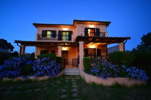 una casa con flores azules delante de ella en Panmar en Vasilikos