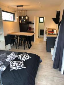 een kamer met een bed met kussens op de vloer bij Loft privatisé avec spa XXL et piscine chauffée in Bruz