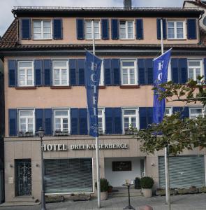 a hotel with blue flags in front of a building at Hotel Drei Kaiserberge in Göppingen